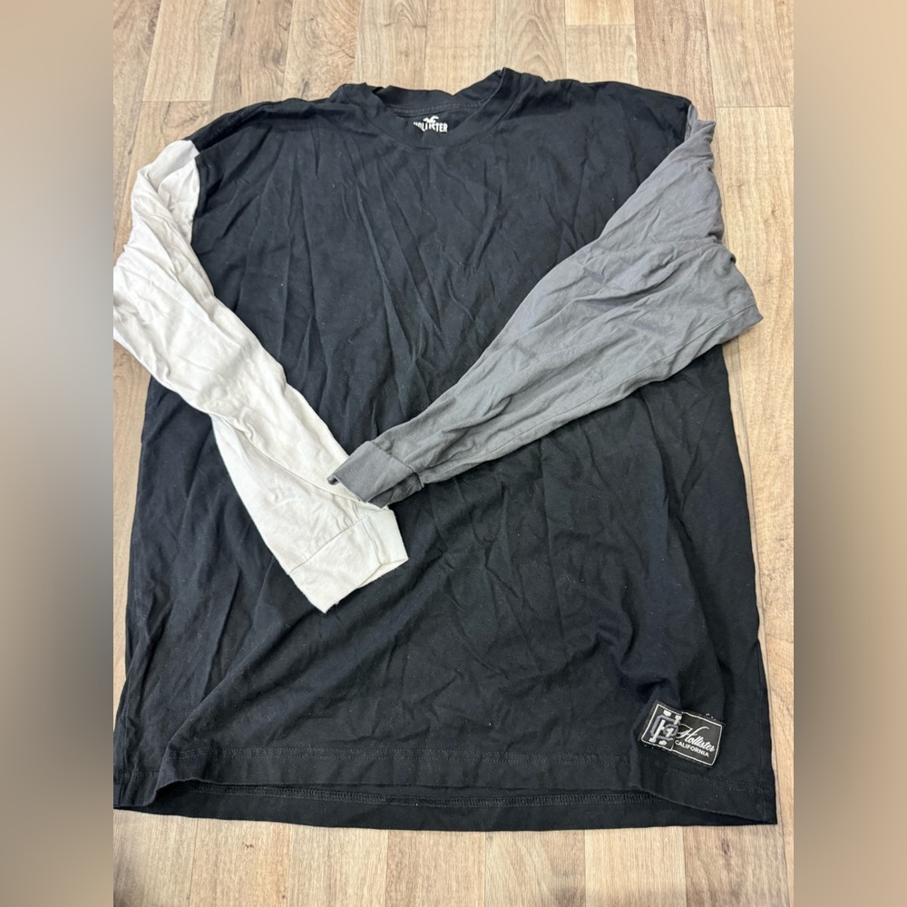 Hollister Shirt Mens Large Black Crew‎ Neck Long Sleeve Logo Oversized Fit